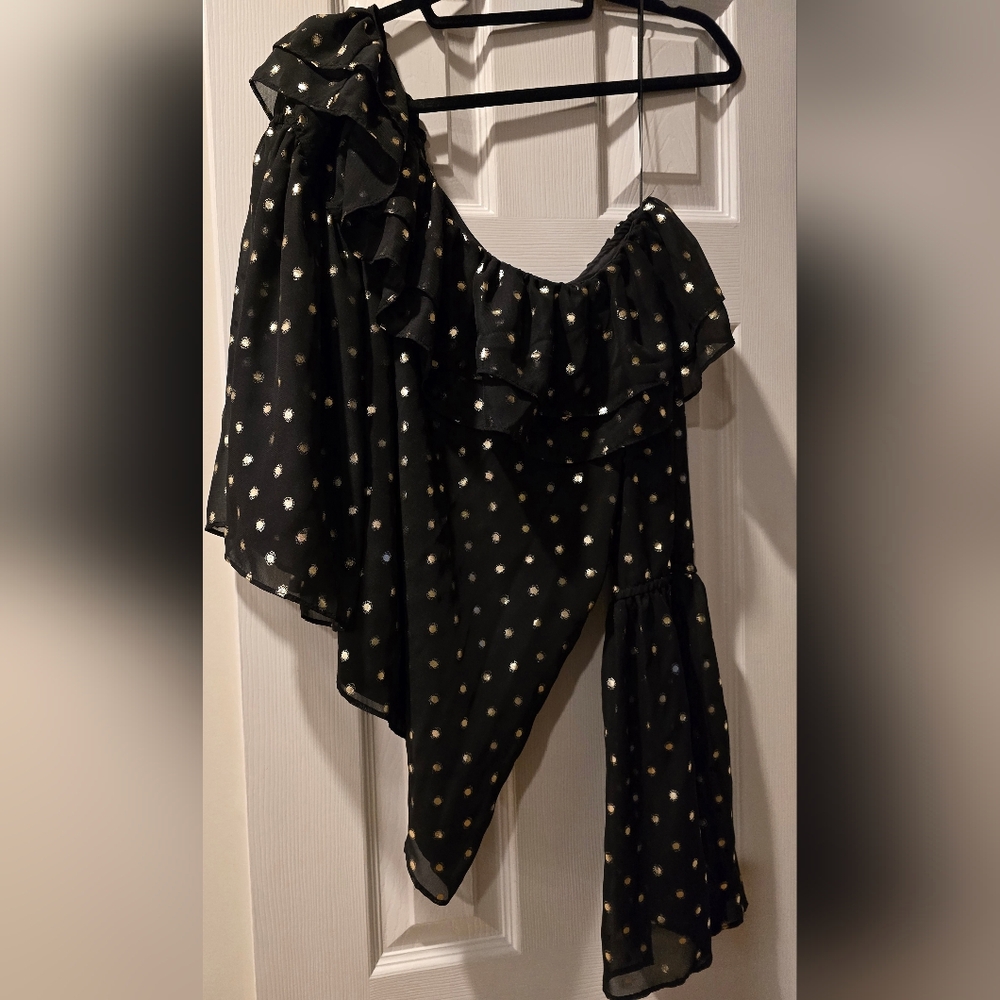 Parker Black One Shoulder Top With Gold Dots And Long Sleeves